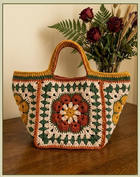 Bolso de crochet hecho con grannys de flor en terracota, mostaza y verde