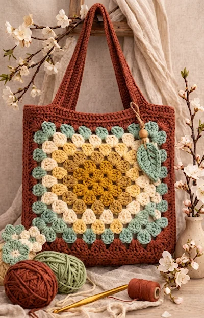 Bolso tejido a crochet con un granny grande en tonos mostaza, verde salvia y crema, junto a ovillos y una aguja