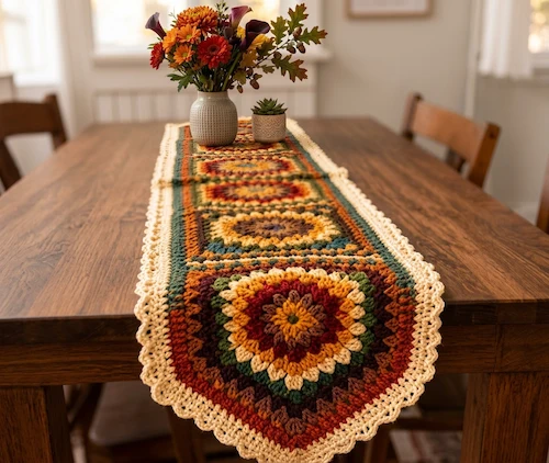 Camino de mesa hecho con grannys hexagonales en tonos otoñales