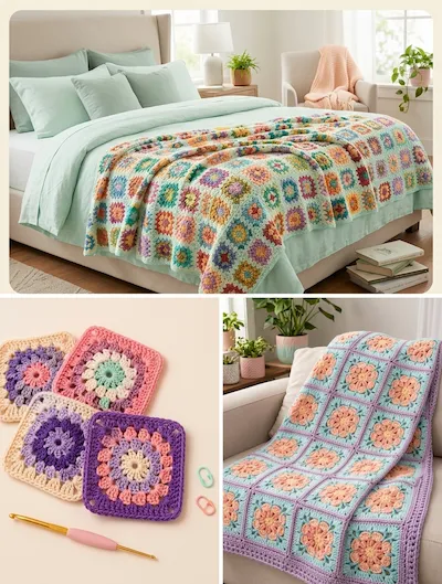 Manta de grannys sobre una cama, grannys sueltos en lila y rosa con una aguja de crochet, y una manta en tonos pastel