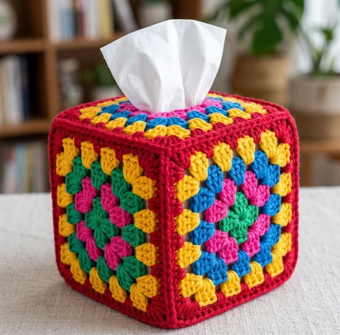 Funda para caja de pañuelos tejida con grannys de colores vivos