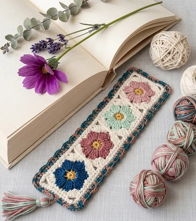 Separador de libros con cuatro grannys de flor en tonos pastel