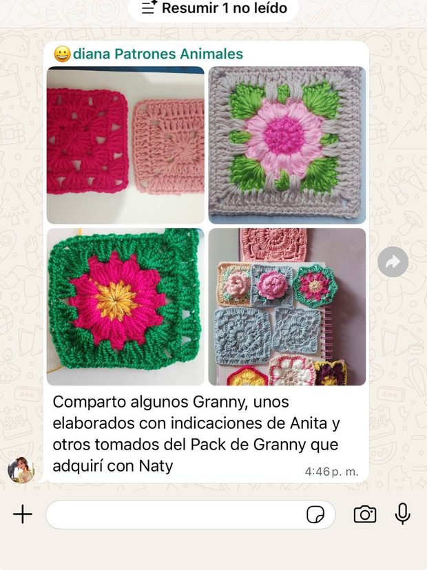 Mensaje de una alumna compartiendo varios grannys de flor tejidos con las indicaciones de Anita