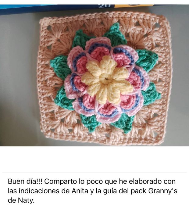 Granny con flor en relieve de varias capas y mensaje de una alumna agradeciendo las indicaciones de Anita